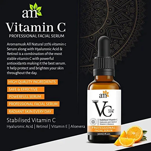 AromaMusk Vitamin C 20% Night & Day Revitalizing Brightening Facial Serum With Vitamin E, Hyaluronic Acid and Retinol, 30ml