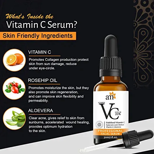 AromaMusk Vitamin C 20% Night & Day Revitalizing Brightening Facial Serum With Vitamin E, Hyaluronic Acid and Retinol, 30ml