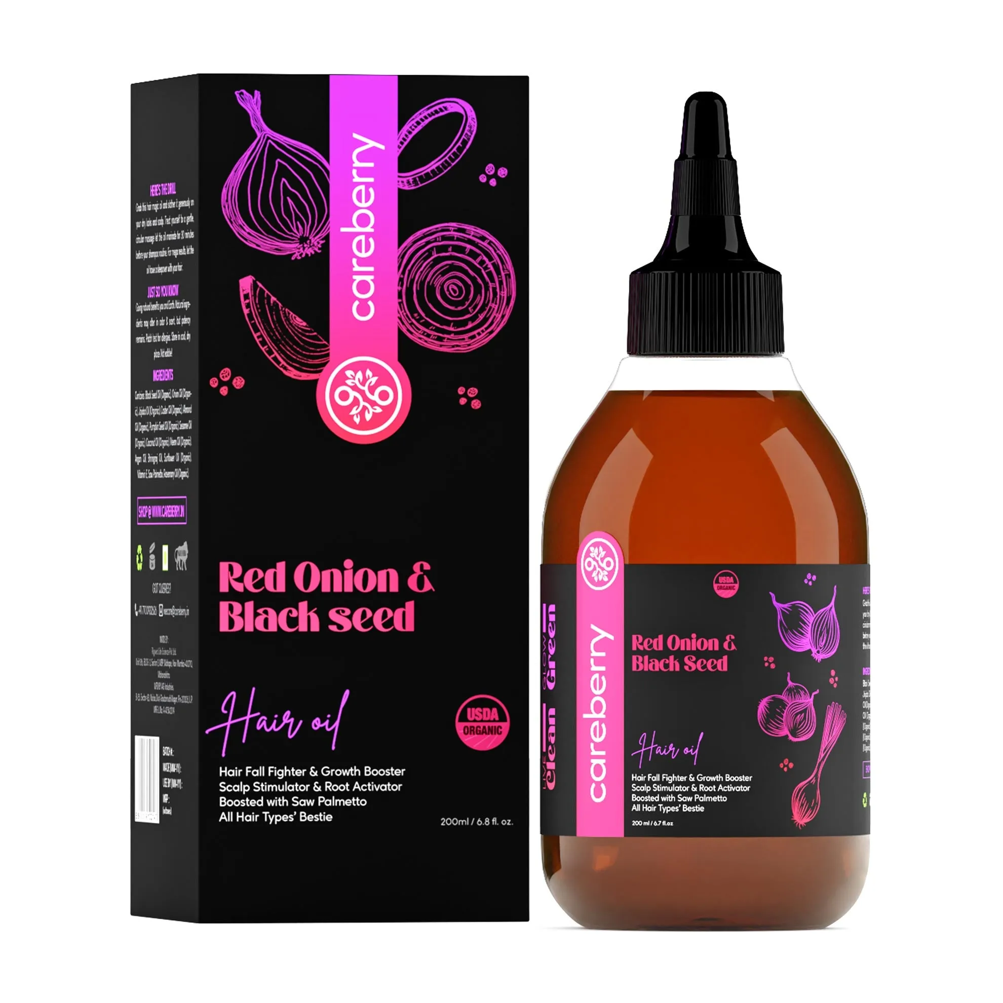 Careberry's Organic Hair Care Power Trio: Red Onion & Black Seed, Rosemary & Jojoba, Castor Oil Combo (Pack of 3 - 200ml Each)