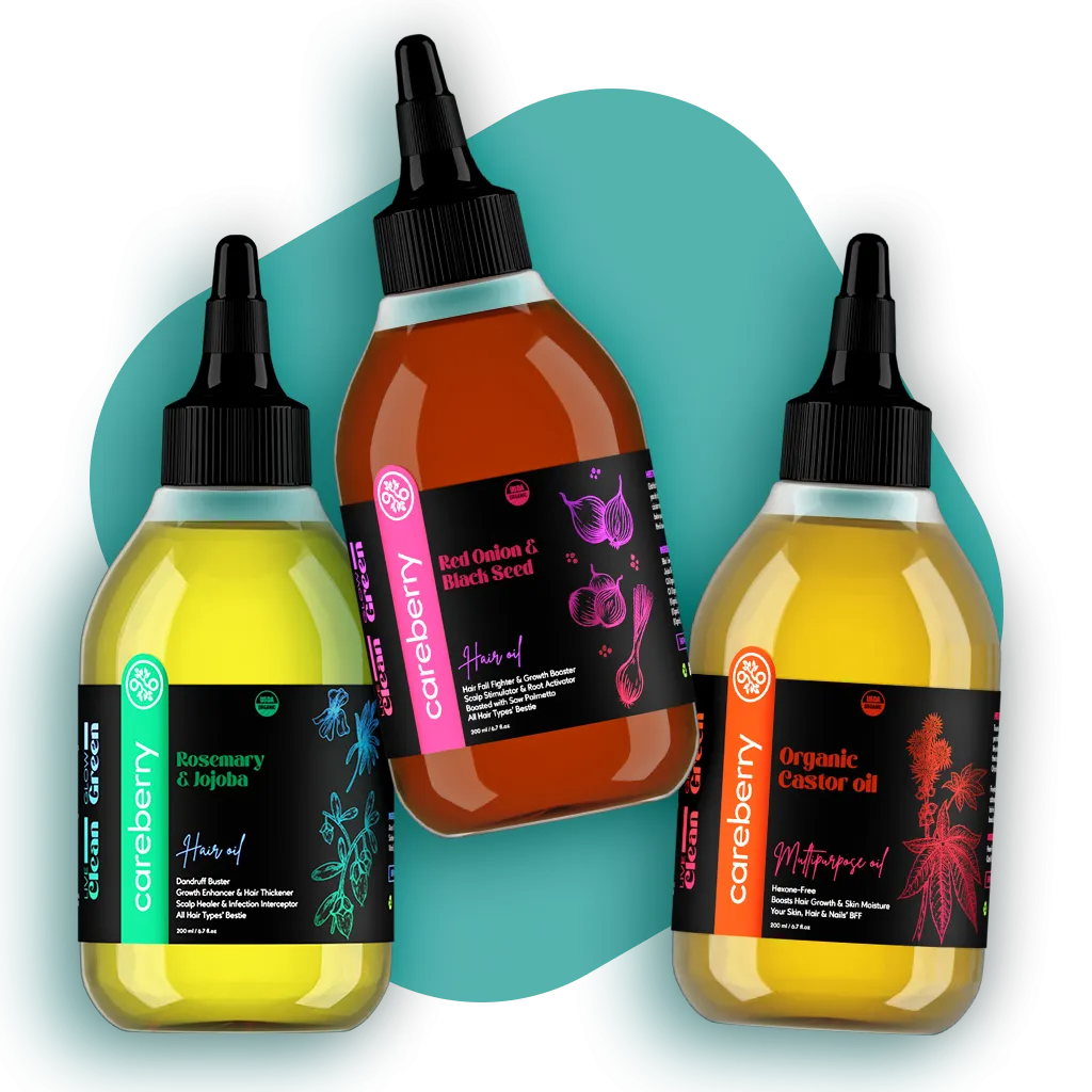 Careberry's Organic Hair Care Power Trio: Red Onion & Black Seed, Rosemary & Jojoba, Castor Oil Combo (Pack of 3 - 200ml Each)