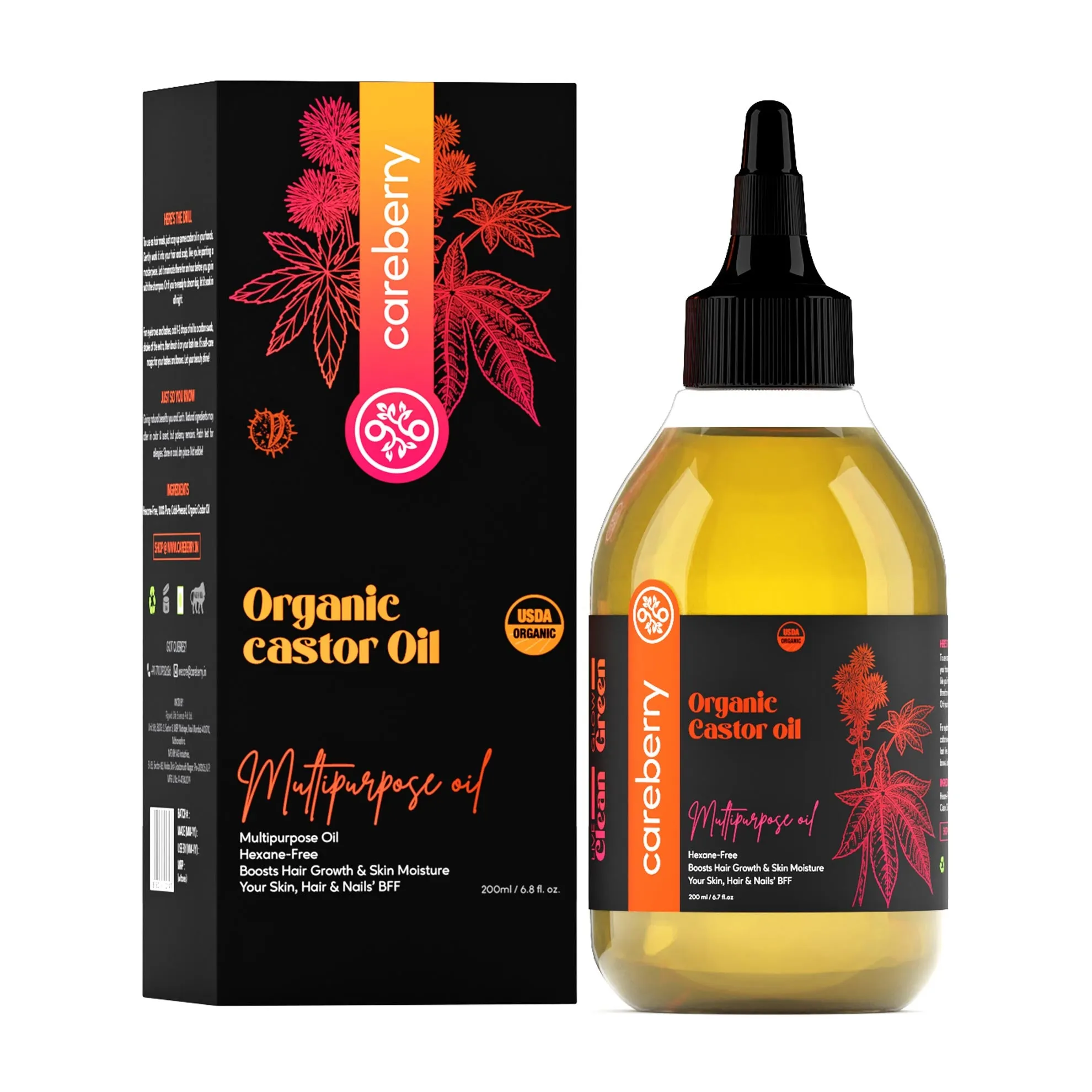 Careberry's Organic Hair Care Power Trio: Red Onion & Black Seed, Rosemary & Jojoba, Castor Oil Combo (Pack of 3 - 200ml Each)