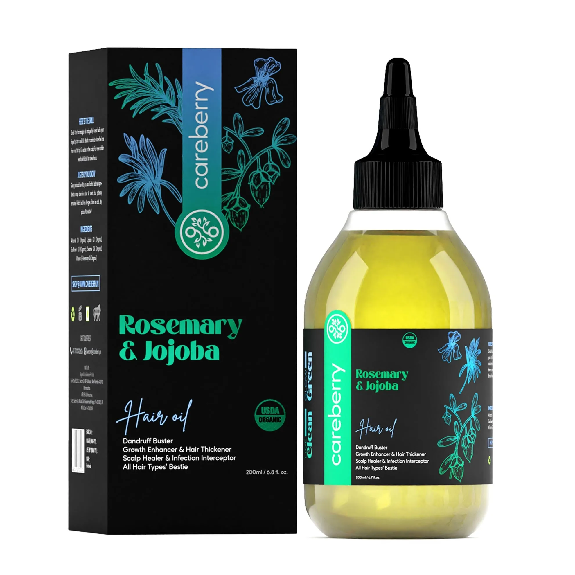 Careberry's Organic Hair Care Power Trio: Red Onion & Black Seed, Rosemary & Jojoba, Castor Oil Combo (Pack of 3 - 200ml Each)