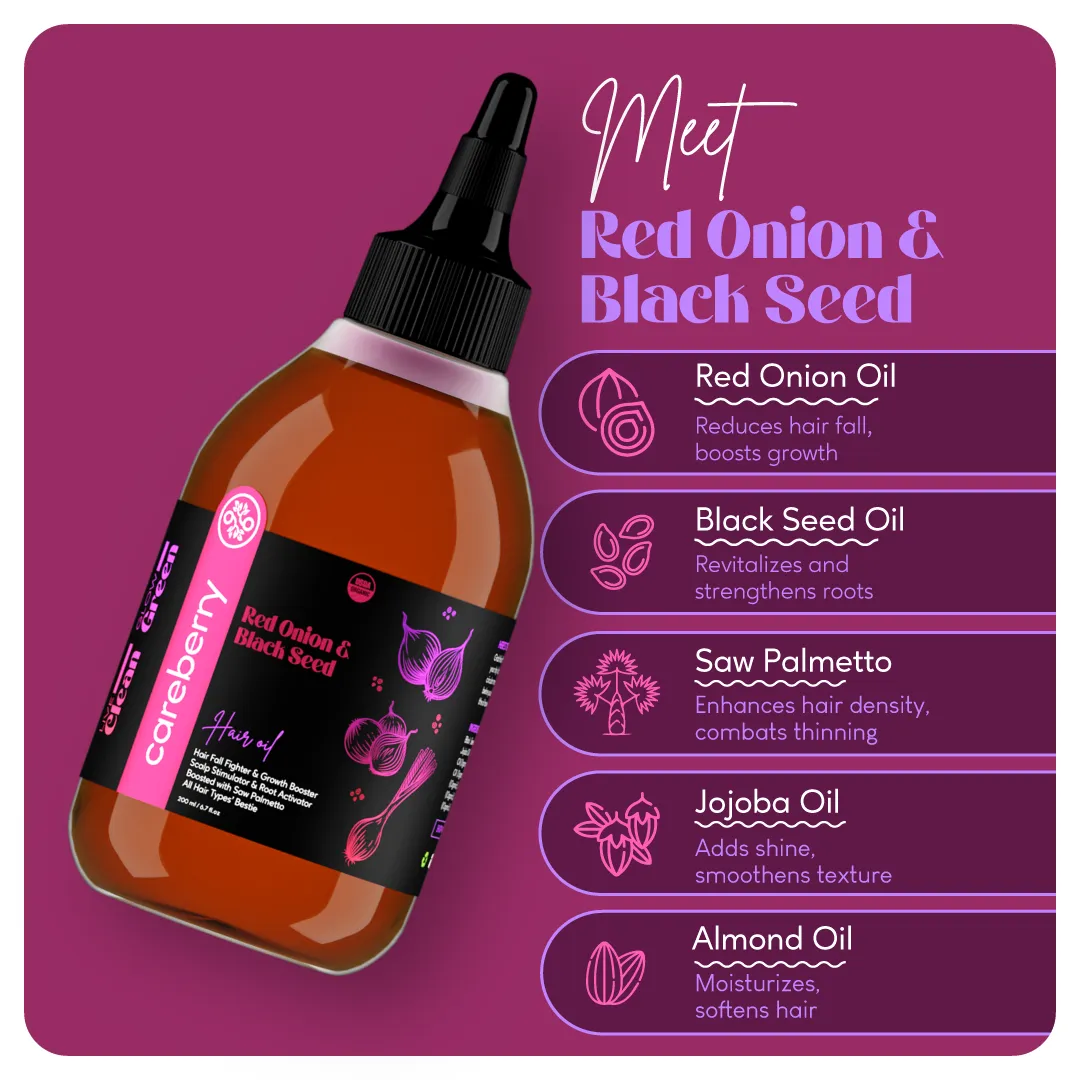 Careberry's Organic Hair Care Power Trio: Red Onion & Black Seed, Rosemary & Jojoba, Castor Oil Combo (Pack of 3 - 200ml Each)