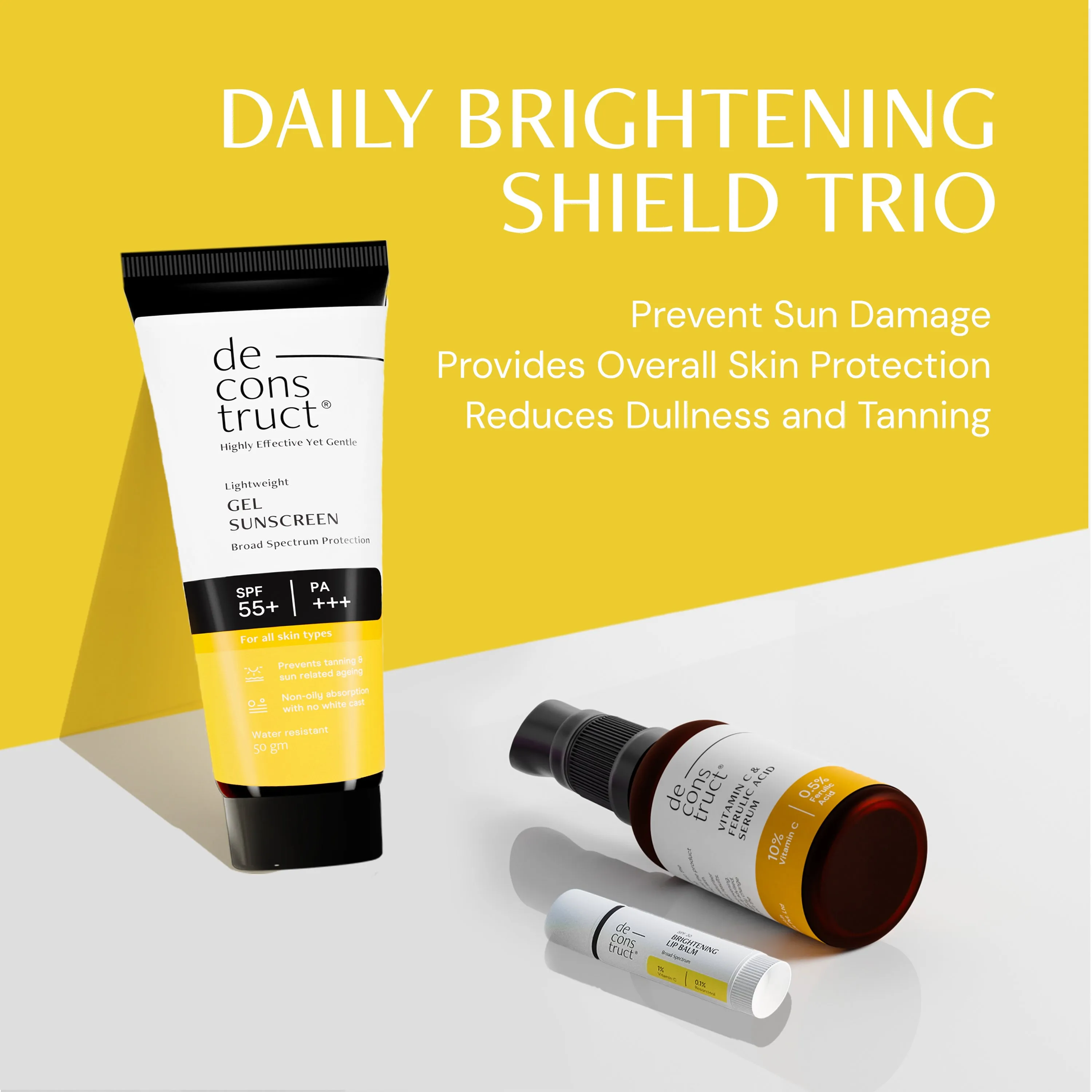 Daily Brightening Shield Trio - Vitamin C Serum   Gel Sunscreen   Brightening Lip Balm